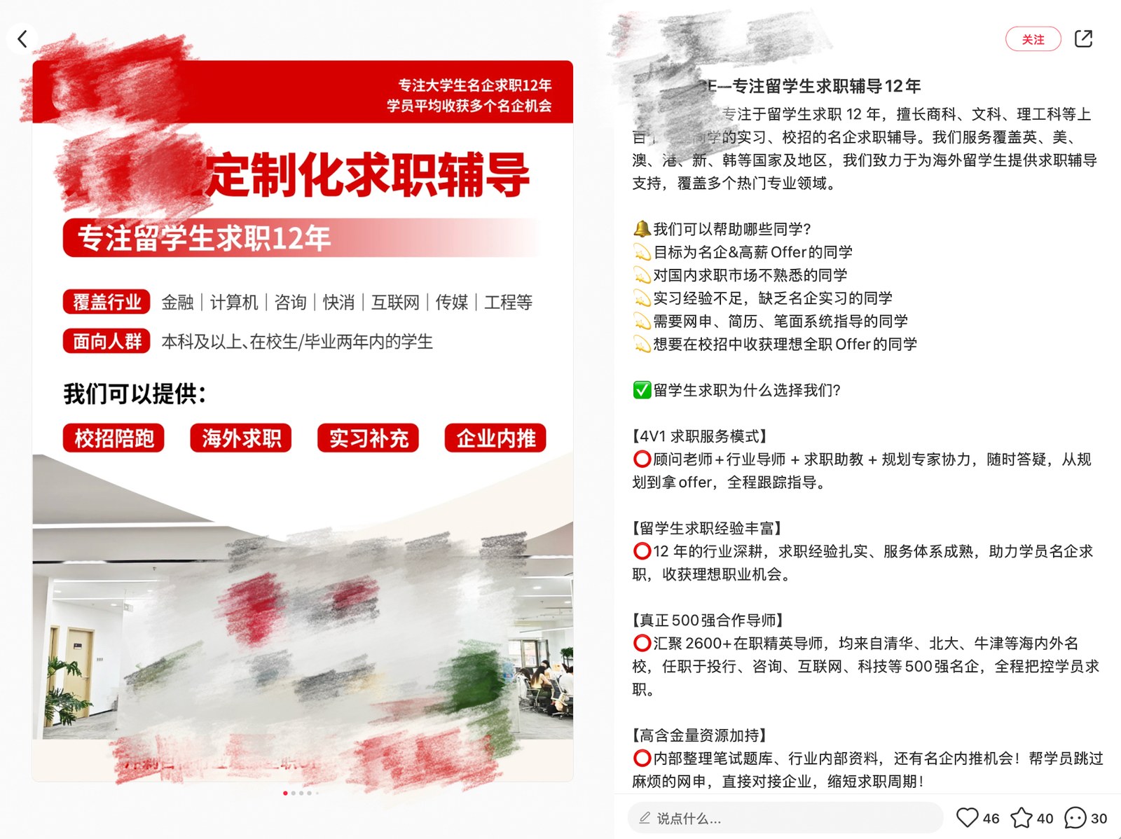 平台帖子样例,展示定制求职辅导服务及服务说明,账号信息已模糊。