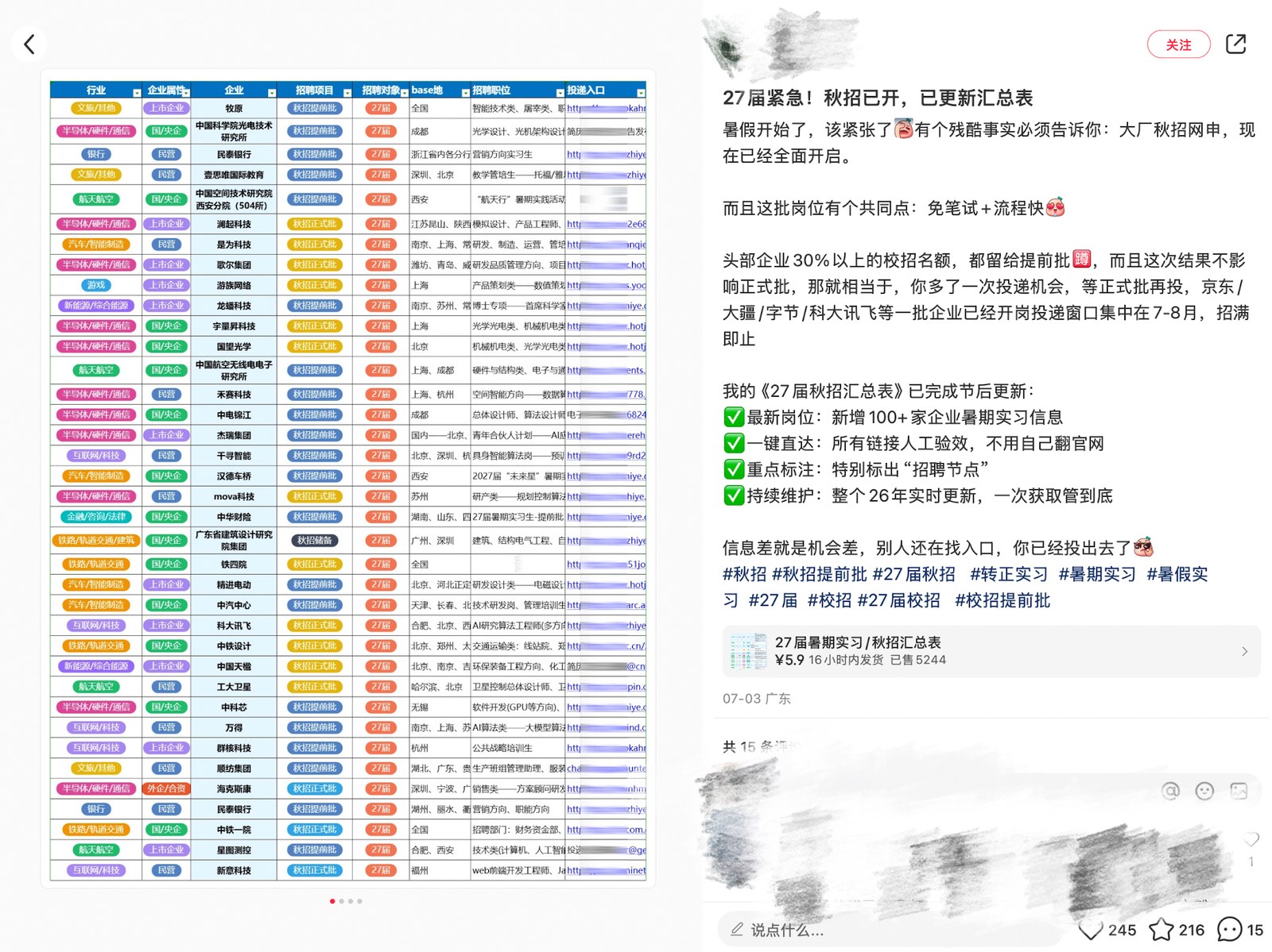 平台帖子样例,展示招聘信息表格和信息推荐服务,账号信息已模糊。